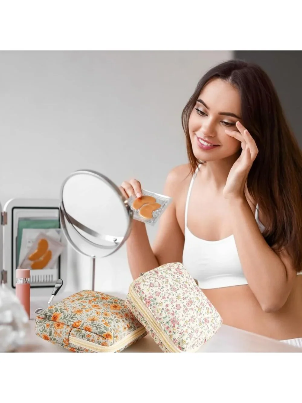4 Pcs Mini Floral Makeup Bags - Cute Quilted Pouches for Travel & Gifts